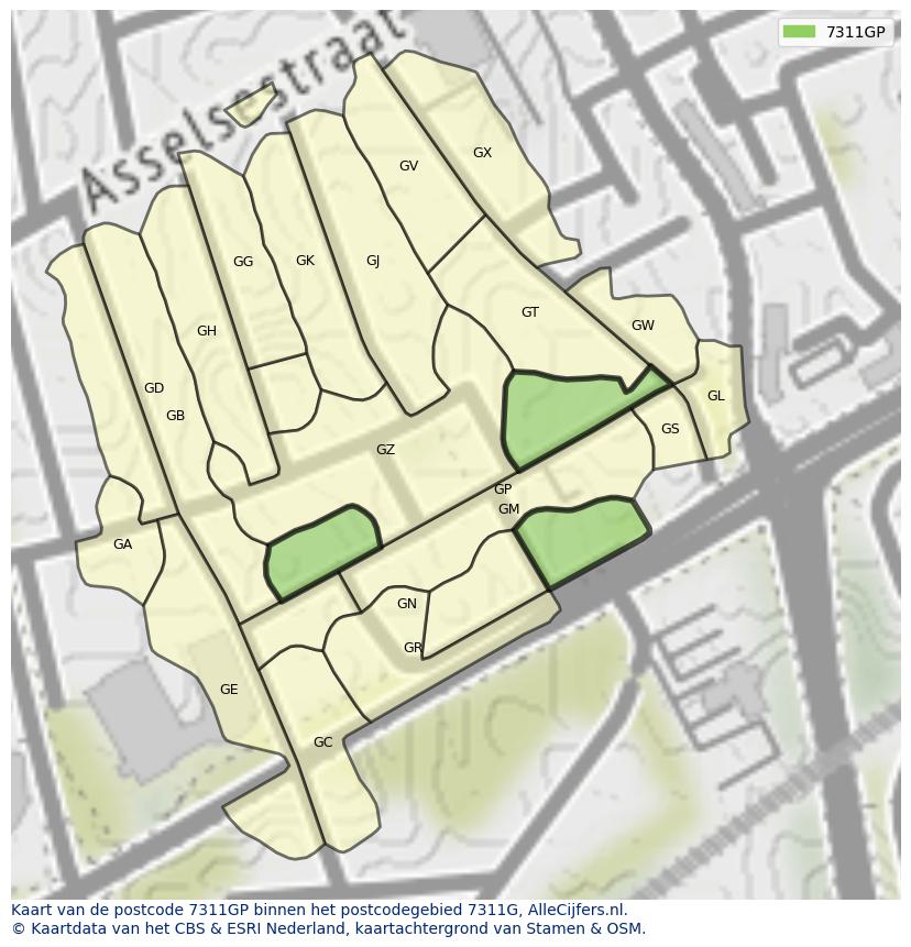 Afbeelding van het postcodegebied 7311 GP op de kaart.