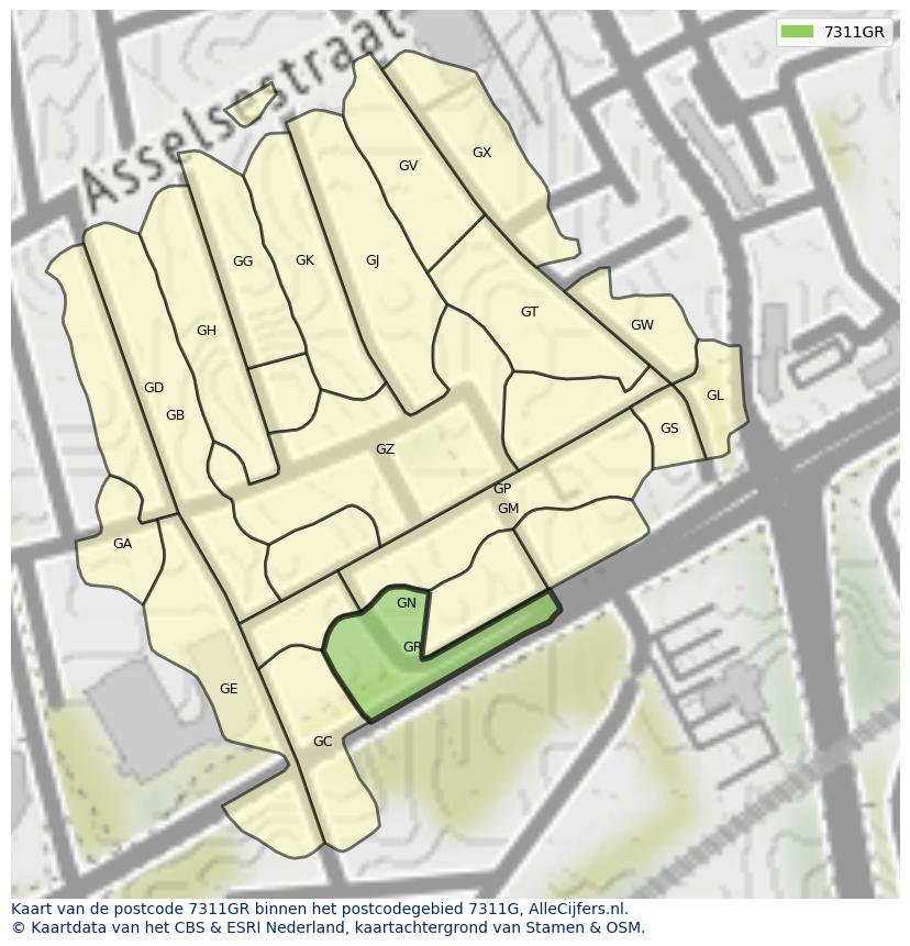 Afbeelding van het postcodegebied 7311 GR op de kaart.