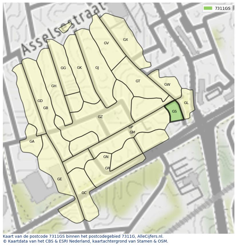 Afbeelding van het postcodegebied 7311 GS op de kaart.