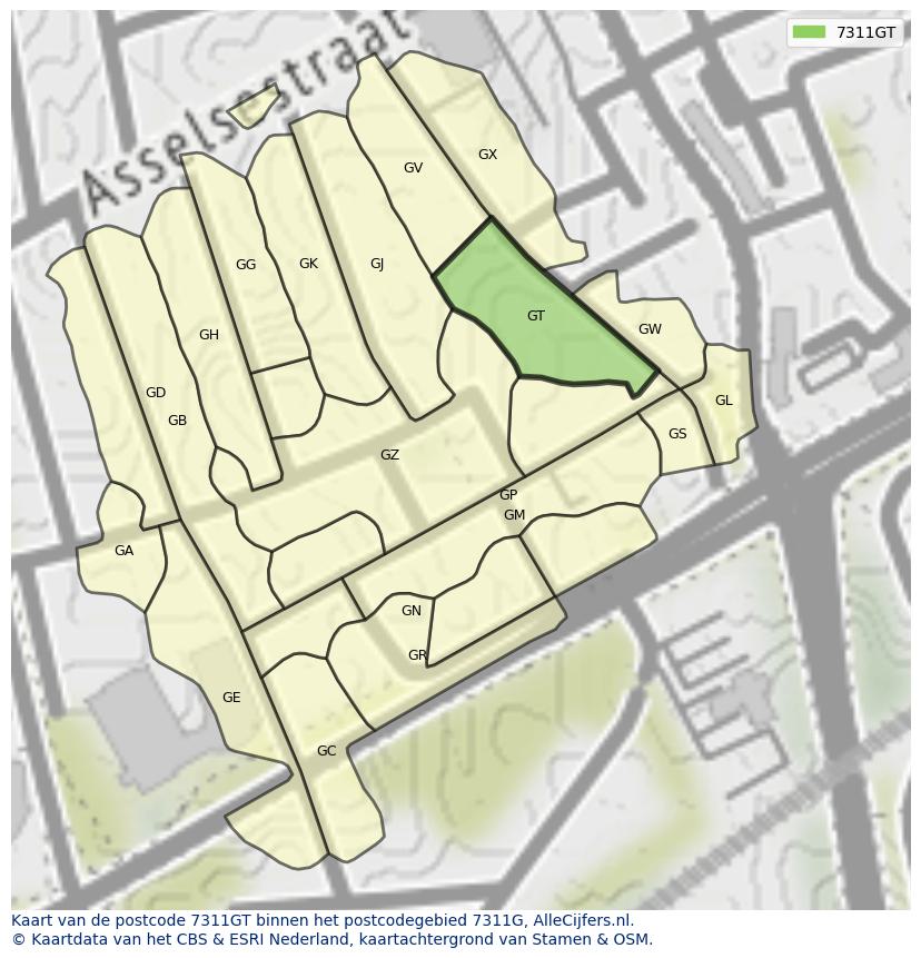 Afbeelding van het postcodegebied 7311 GT op de kaart.