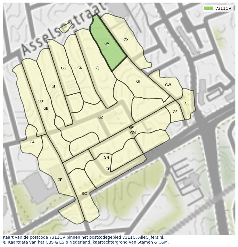 Afbeelding van het postcodegebied 7311 GV op de kaart.