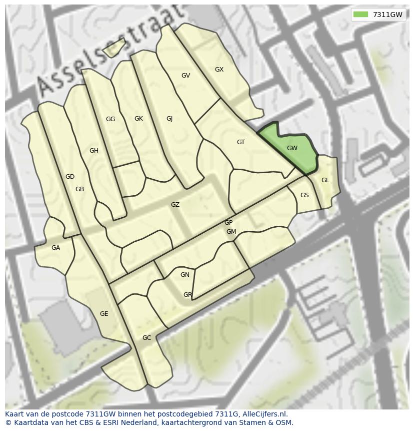 Afbeelding van het postcodegebied 7311 GW op de kaart.