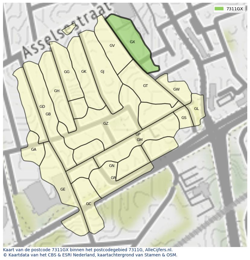 Afbeelding van het postcodegebied 7311 GX op de kaart.
