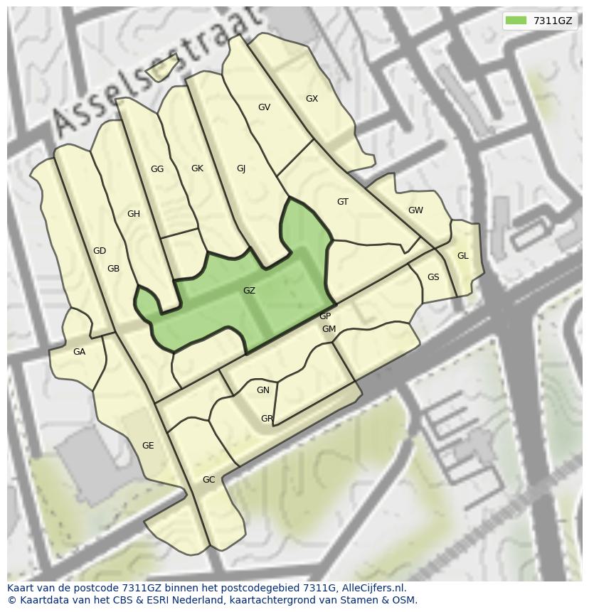 Afbeelding van het postcodegebied 7311 GZ op de kaart.