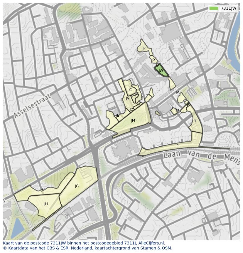Afbeelding van het postcodegebied 7311 JW op de kaart.