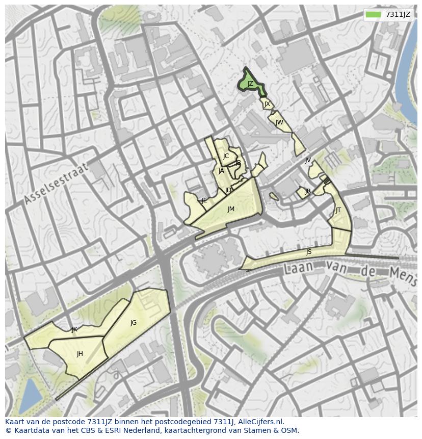 Afbeelding van het postcodegebied 7311 JZ op de kaart.