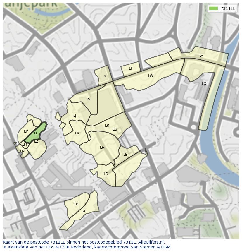 Afbeelding van het postcodegebied 7311 LL op de kaart.