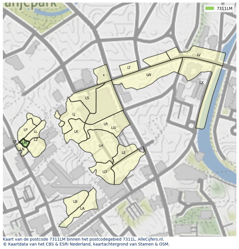 Afbeelding van het postcodegebied 7311 LM op de kaart.