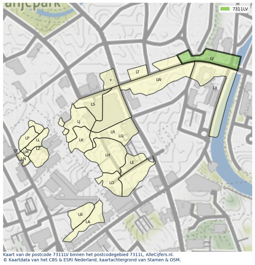 Afbeelding van het postcodegebied 7311 LV op de kaart.