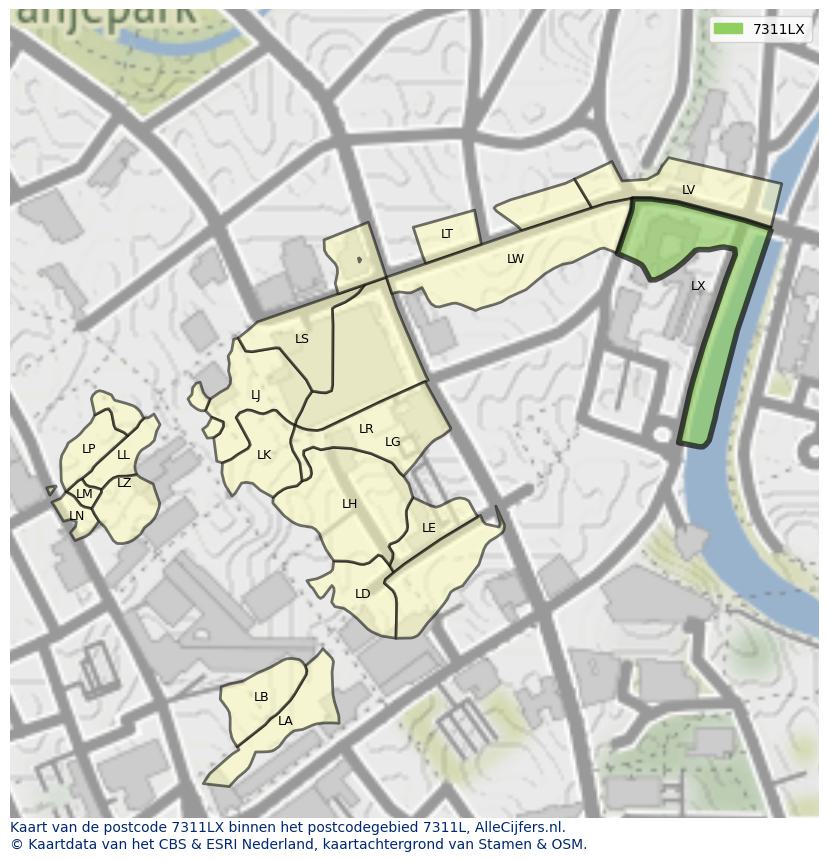 Afbeelding van het postcodegebied 7311 LX op de kaart.