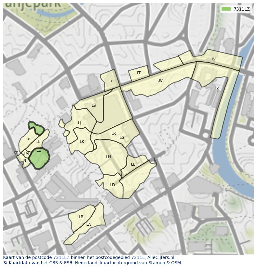 Afbeelding van het postcodegebied 7311 LZ op de kaart.