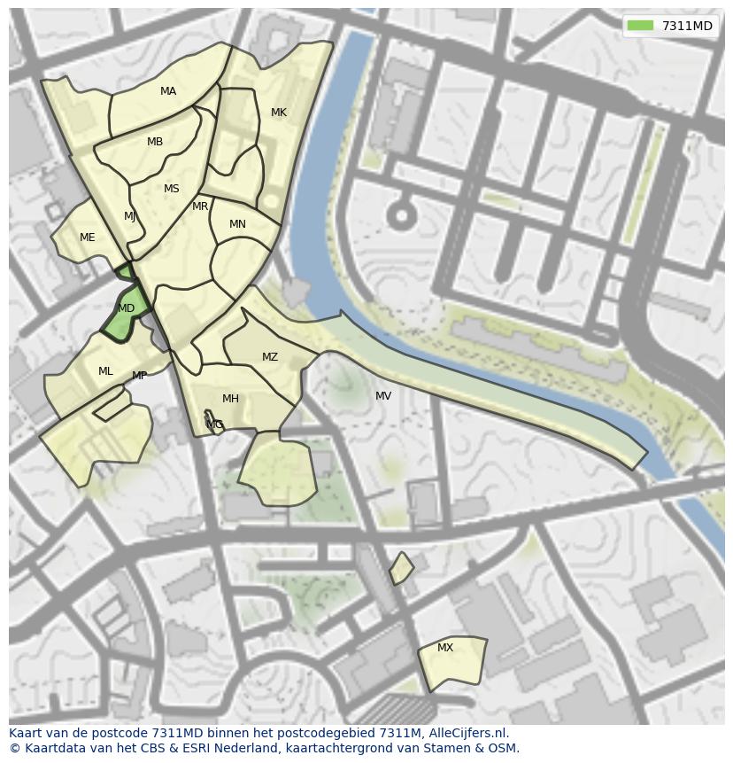 Afbeelding van het postcodegebied 7311 MD op de kaart.