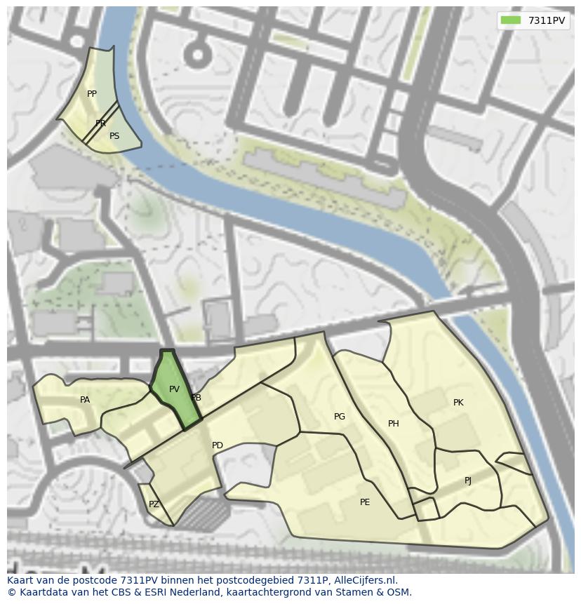 Afbeelding van het postcodegebied 7311 PV op de kaart.