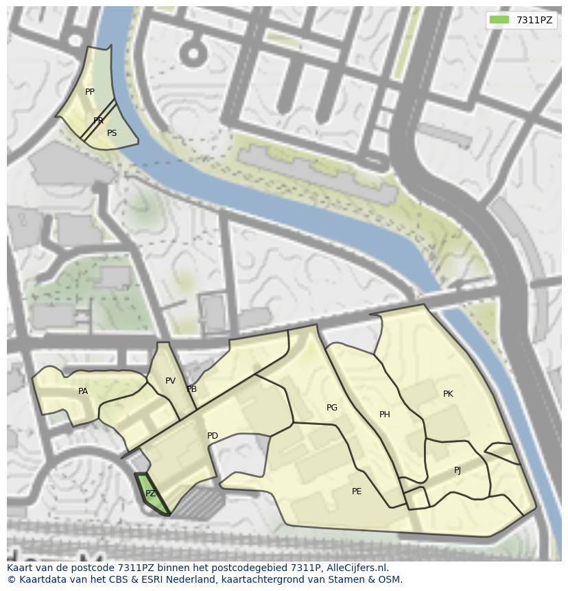 Afbeelding van het postcodegebied 7311 PZ op de kaart.