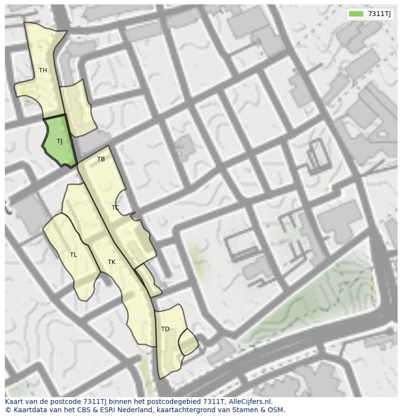 Afbeelding van het postcodegebied 7311 TJ op de kaart.