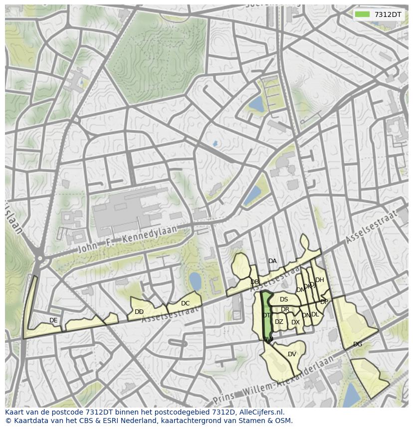 Afbeelding van het postcodegebied 7312 DT op de kaart.