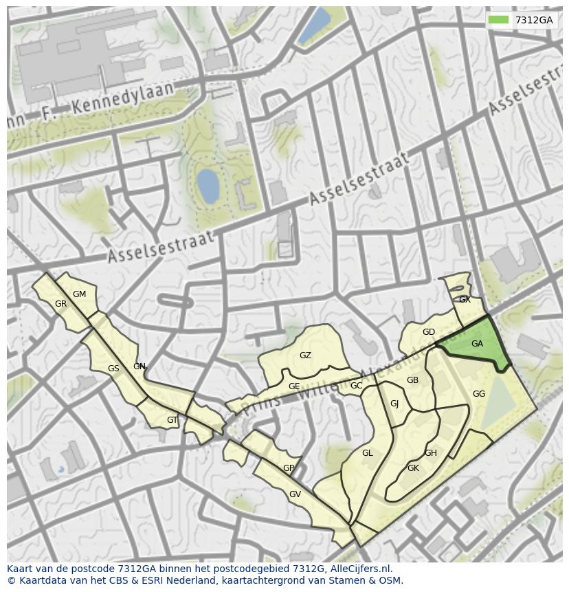 Afbeelding van het postcodegebied 7312 GA op de kaart.