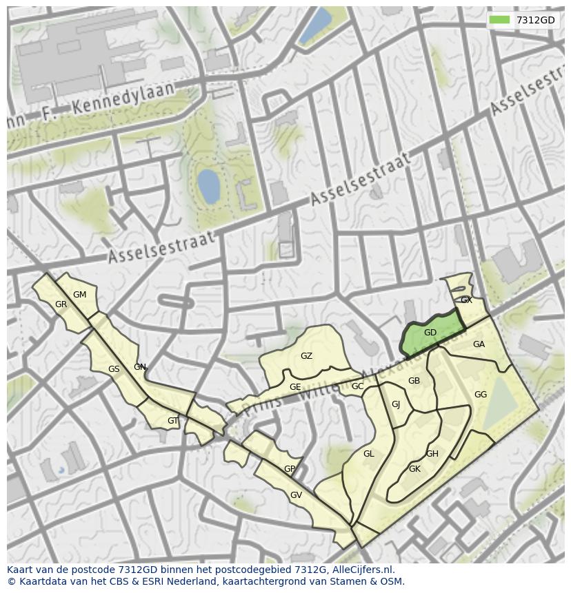 Afbeelding van het postcodegebied 7312 GD op de kaart.