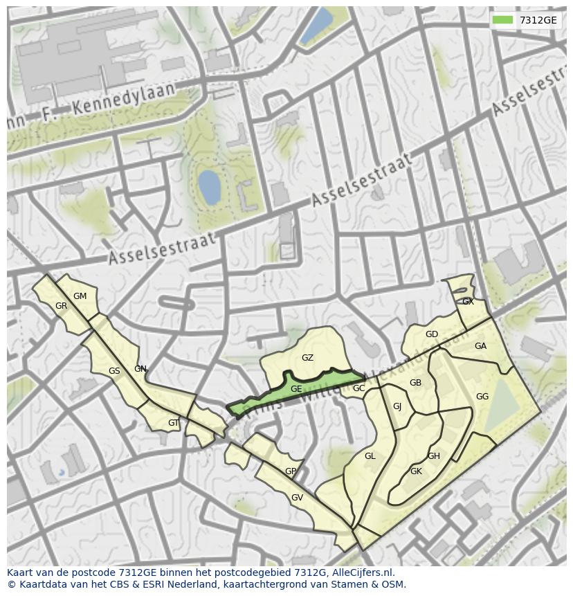 Afbeelding van het postcodegebied 7312 GE op de kaart.