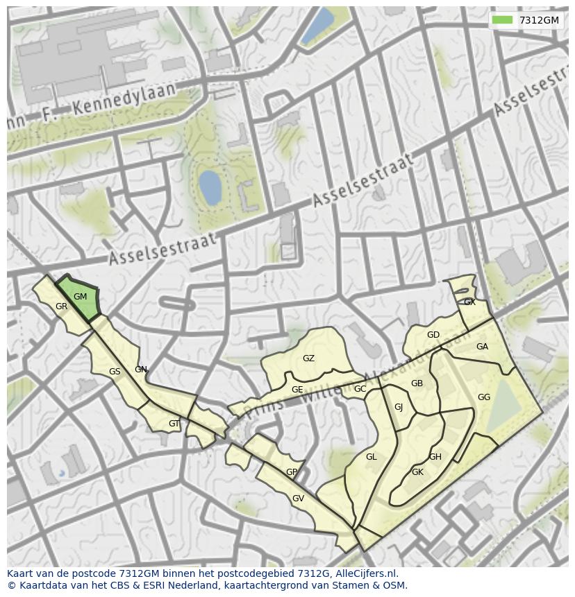 Afbeelding van het postcodegebied 7312 GM op de kaart.
