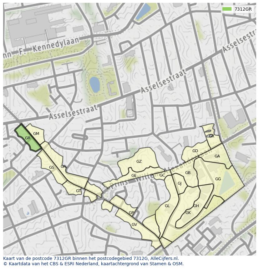 Afbeelding van het postcodegebied 7312 GR op de kaart.