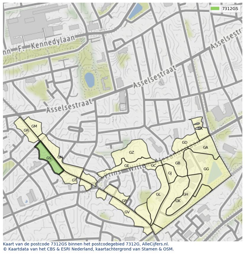 Afbeelding van het postcodegebied 7312 GS op de kaart.