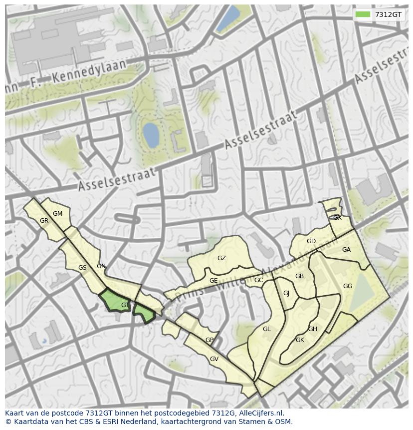 Afbeelding van het postcodegebied 7312 GT op de kaart.