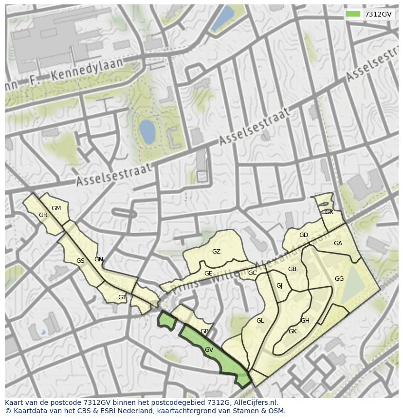 Afbeelding van het postcodegebied 7312 GV op de kaart.