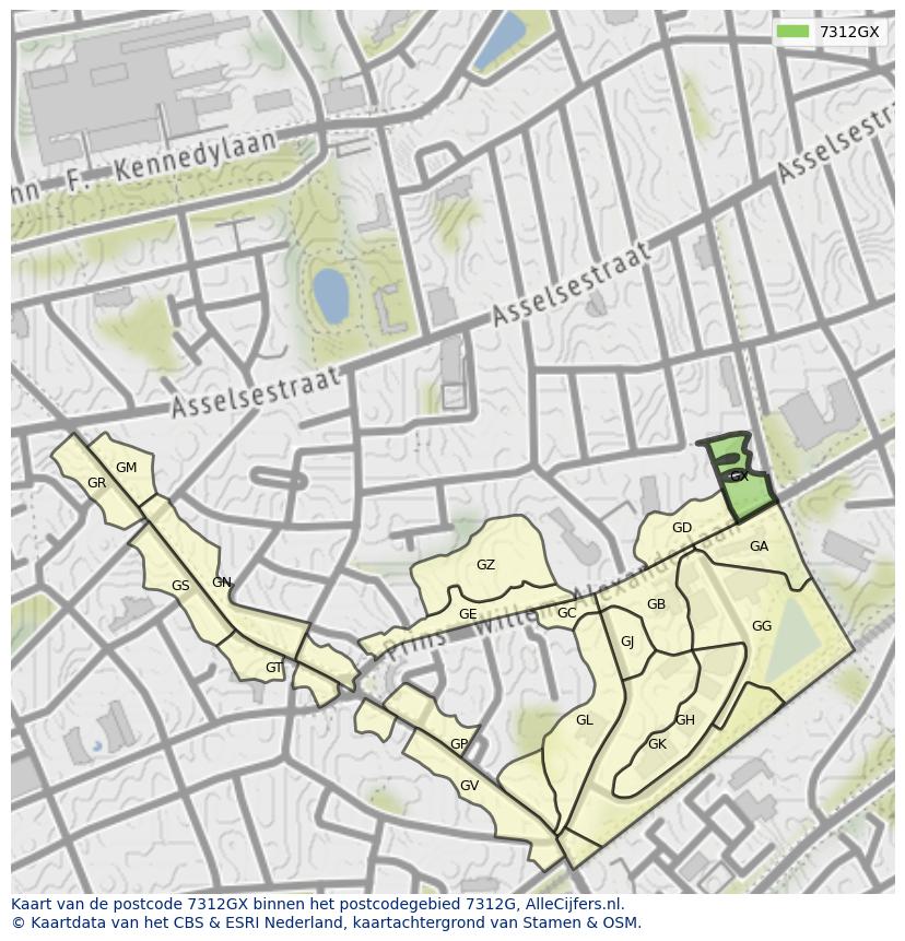 Afbeelding van het postcodegebied 7312 GX op de kaart.