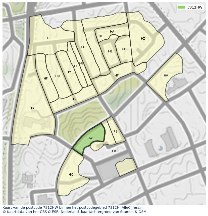 Afbeelding van het postcodegebied 7312 HW op de kaart.