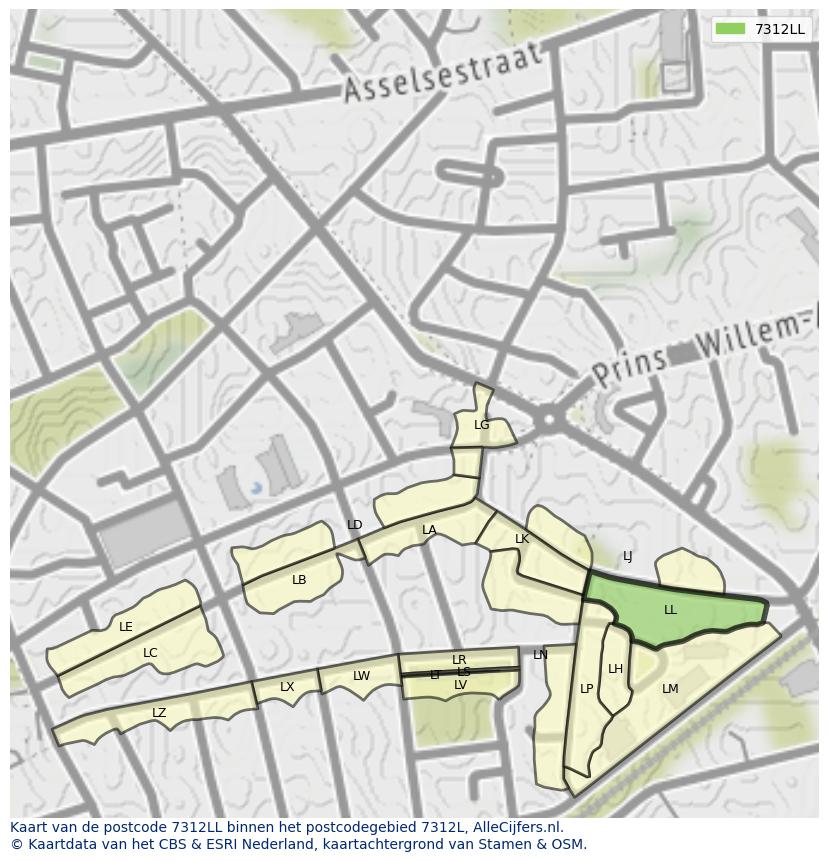 Afbeelding van het postcodegebied 7312 LL op de kaart.