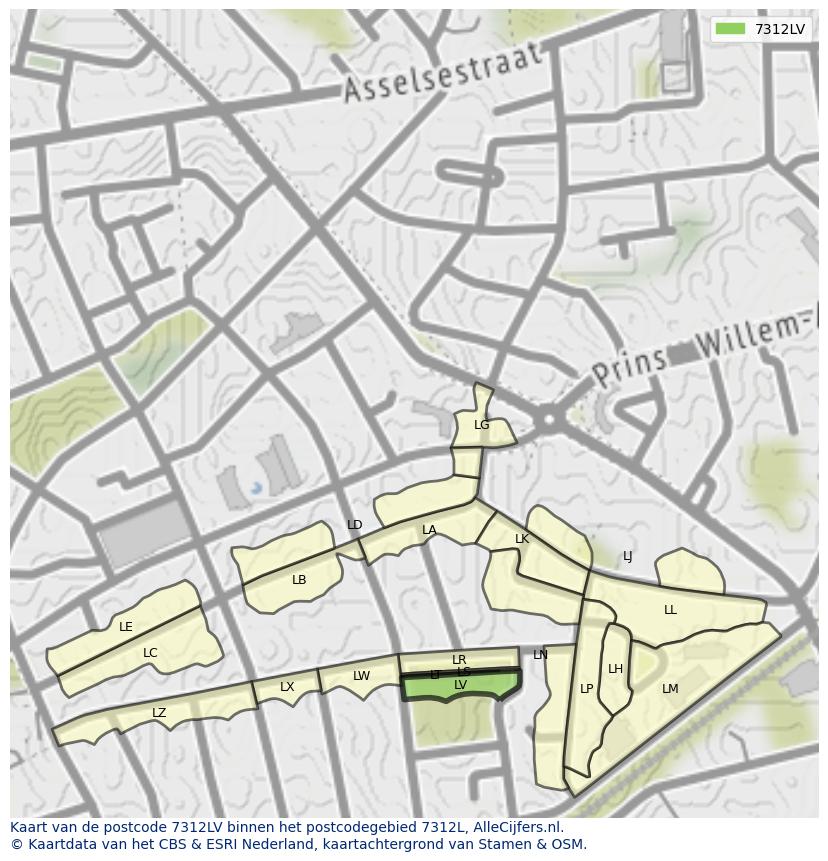 Afbeelding van het postcodegebied 7312 LV op de kaart.