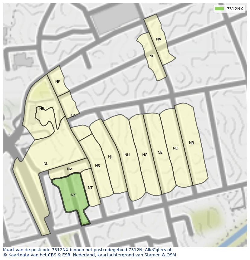 Afbeelding van het postcodegebied 7312 NX op de kaart.