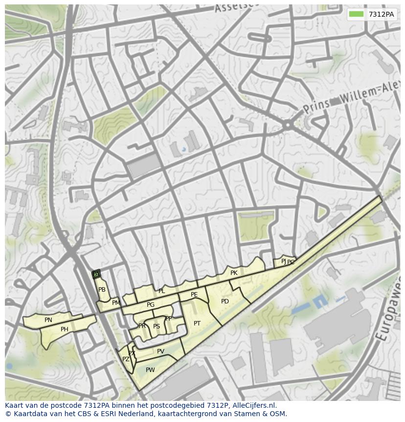 Afbeelding van het postcodegebied 7312 PA op de kaart.