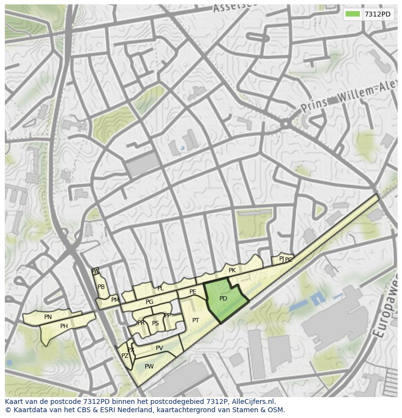 Afbeelding van het postcodegebied 7312 PD op de kaart.