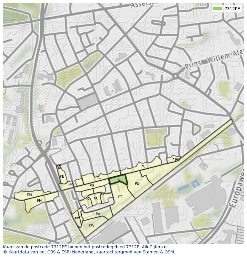 Afbeelding van het postcodegebied 7312 PE op de kaart.
