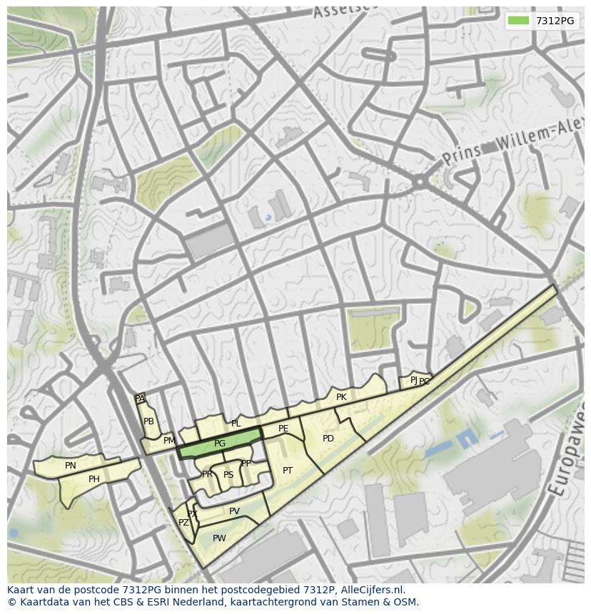 Afbeelding van het postcodegebied 7312 PG op de kaart.