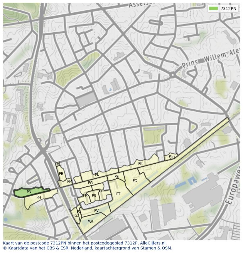 Afbeelding van het postcodegebied 7312 PN op de kaart.
