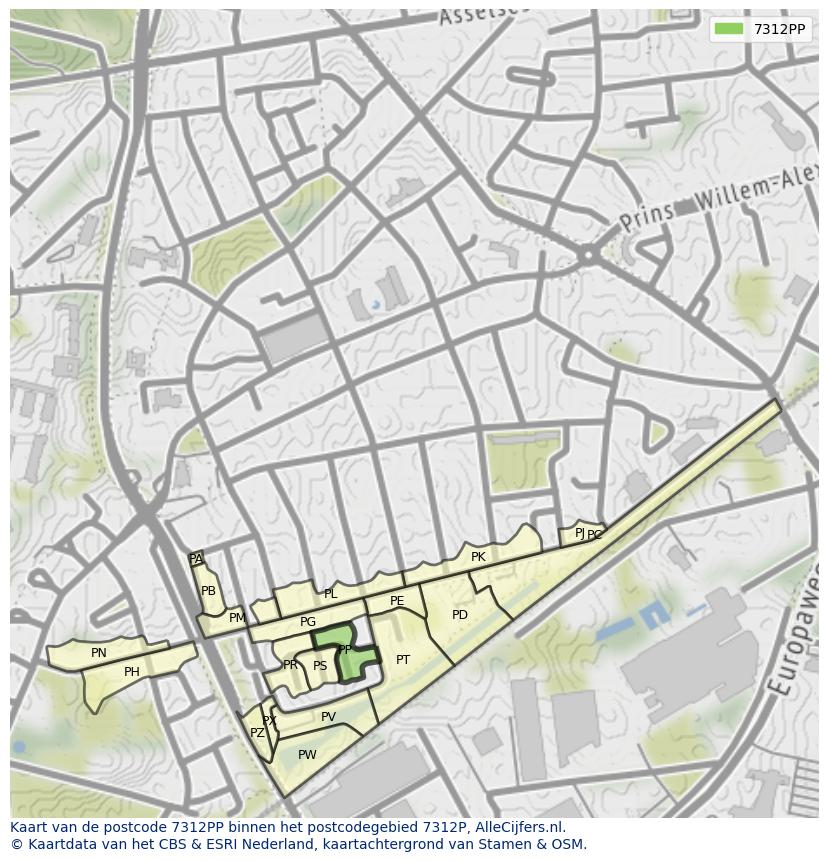 Afbeelding van het postcodegebied 7312 PP op de kaart.