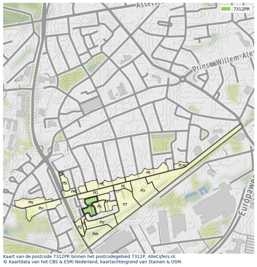 Afbeelding van het postcodegebied 7312 PR op de kaart.