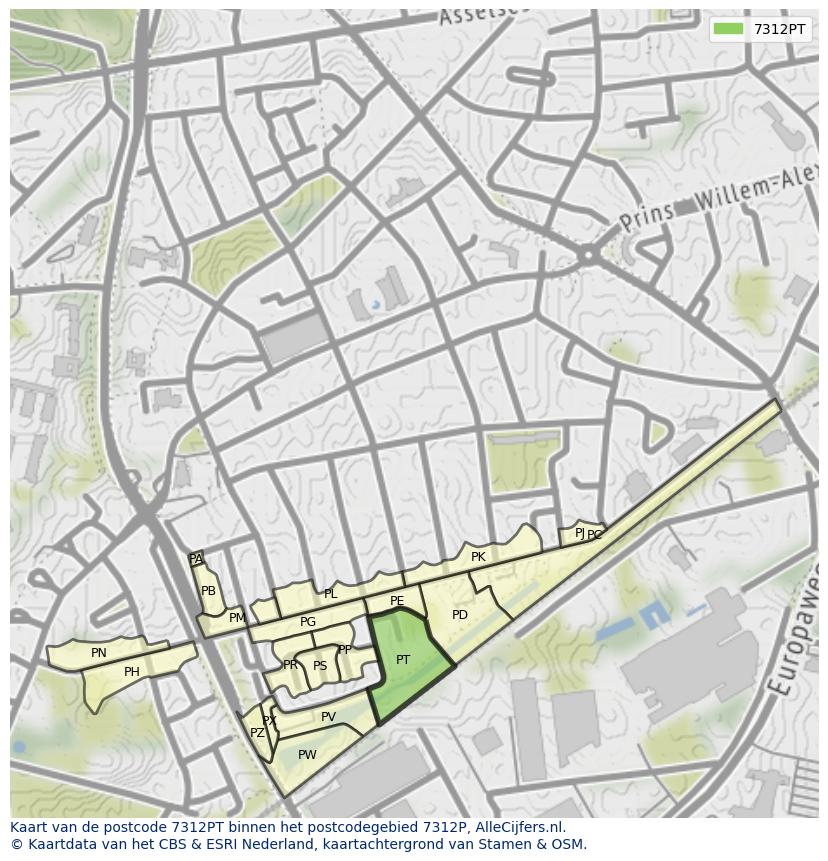 Afbeelding van het postcodegebied 7312 PT op de kaart.