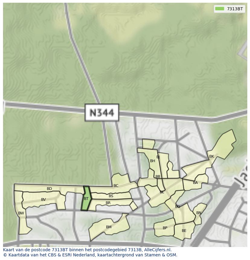 Afbeelding van het postcodegebied 7313 BT op de kaart.
