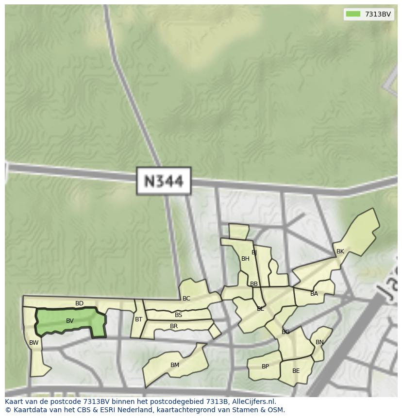 Afbeelding van het postcodegebied 7313 BV op de kaart.