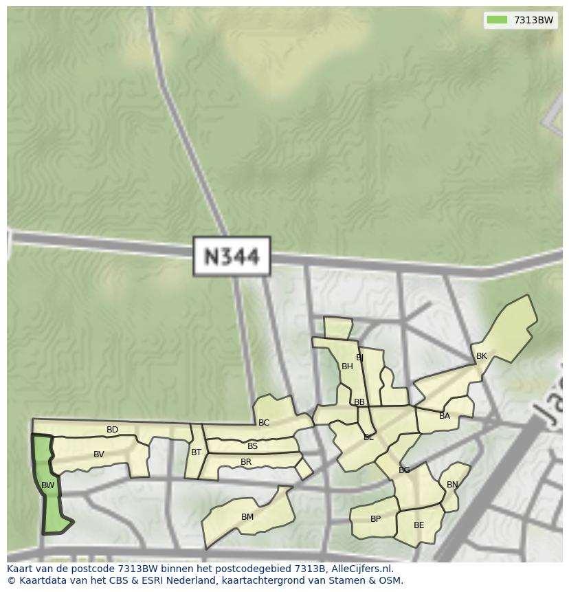 Afbeelding van het postcodegebied 7313 BW op de kaart.