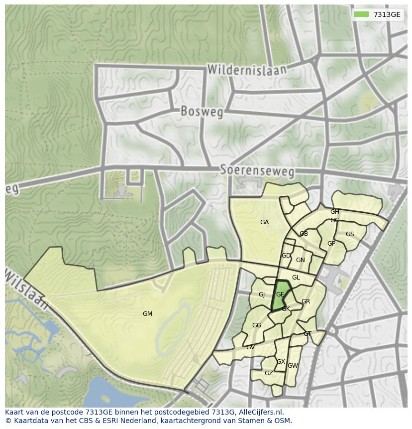 Afbeelding van het postcodegebied 7313 GE op de kaart.