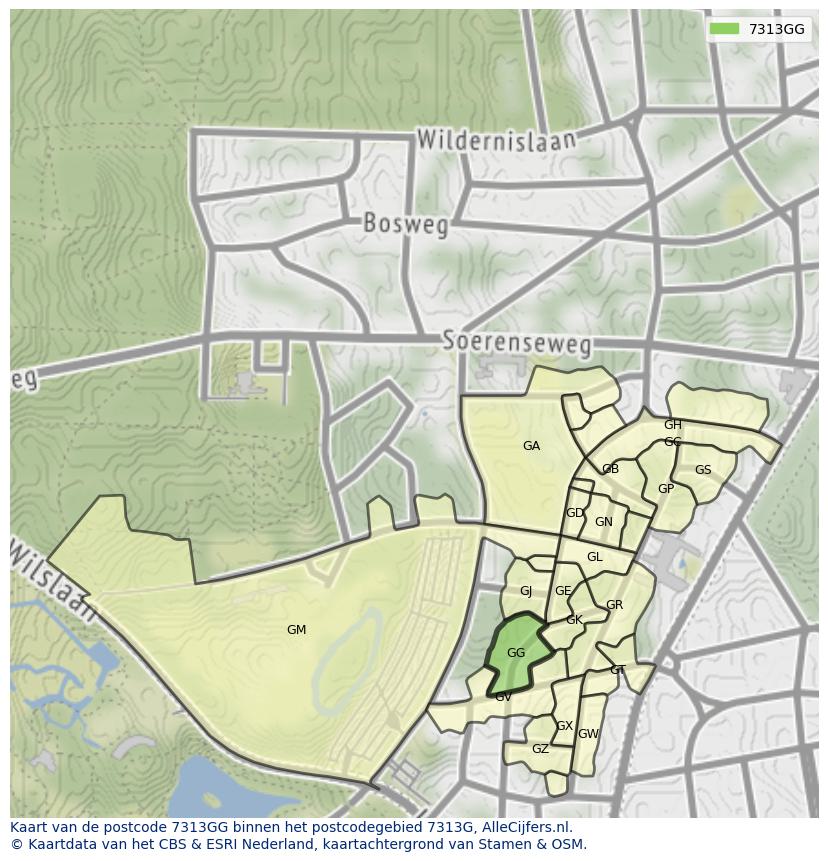 Afbeelding van het postcodegebied 7313 GG op de kaart.