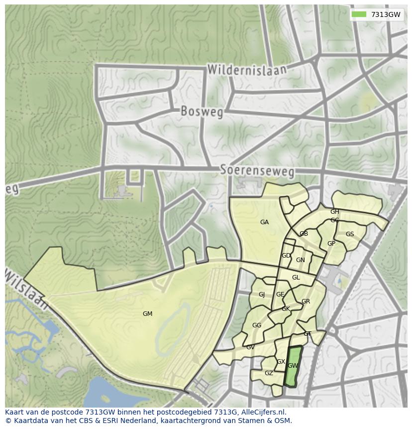 Afbeelding van het postcodegebied 7313 GW op de kaart.