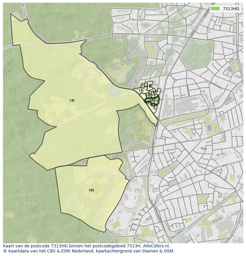 Afbeelding van het postcodegebied 7313 HG op de kaart.