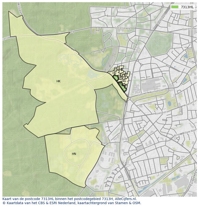 Afbeelding van het postcodegebied 7313 HL op de kaart.
