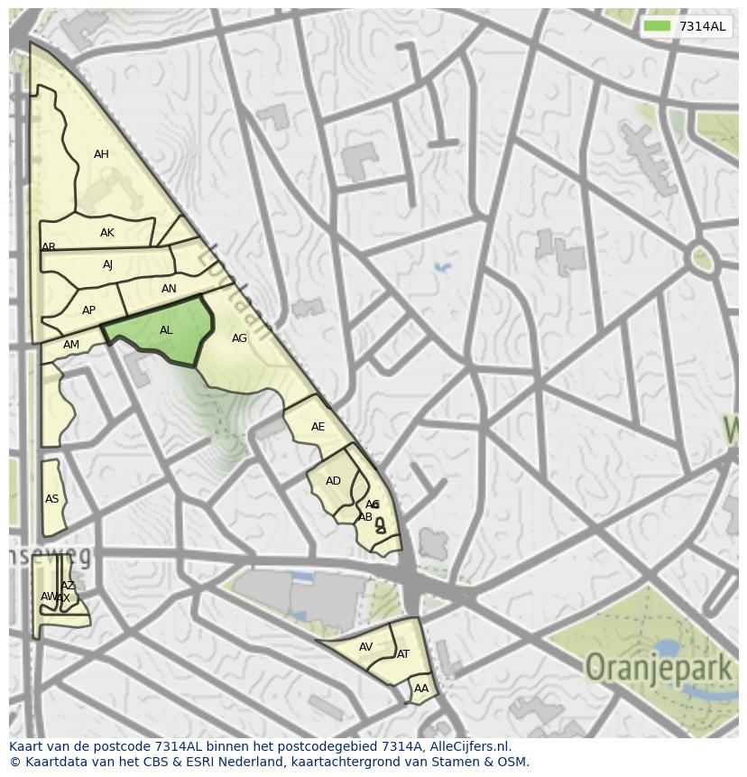 Afbeelding van het postcodegebied 7314 AL op de kaart.